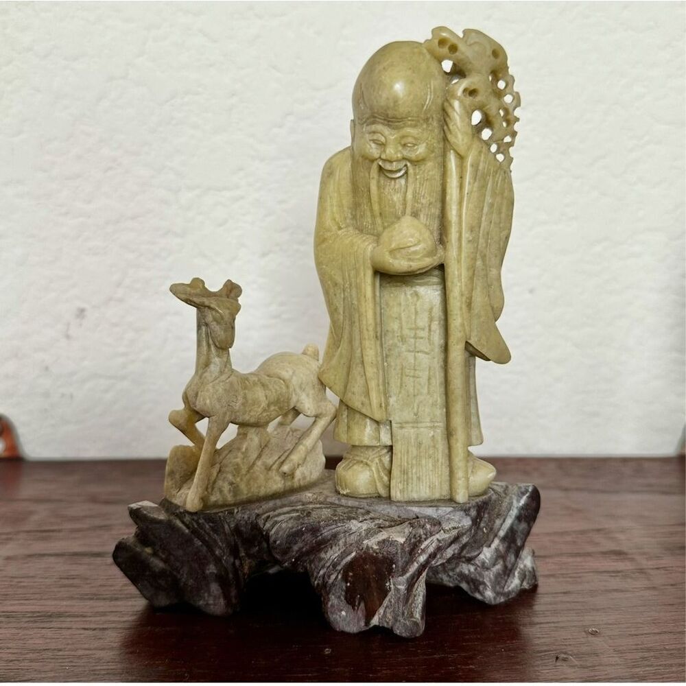 Shou Xing & Deer Figurine – Likely Soapstone Carving on Stone Base